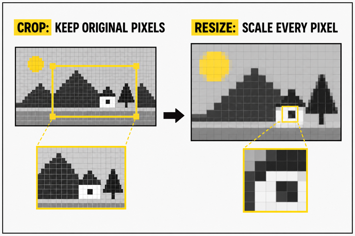 Crop keeps original pixels; resize scales every pixel