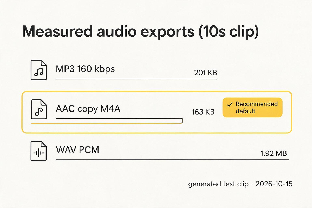Measured export sizes on a ten-second generated clip — AAC copy is smallest for this source; WAV is for editing