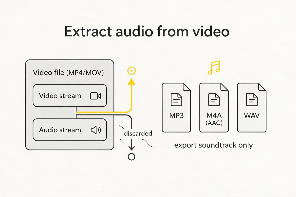 Extract audio drops the video stream and writes the soundtrack as MP3, M4A or WAV