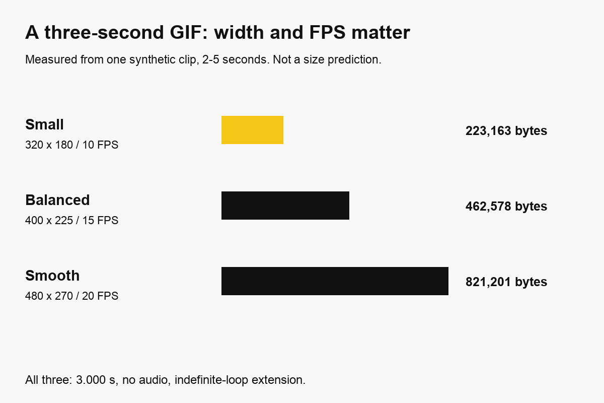 Three measured GIF presets increase from 223163 to 821201 bytes as both width and frame rate rise