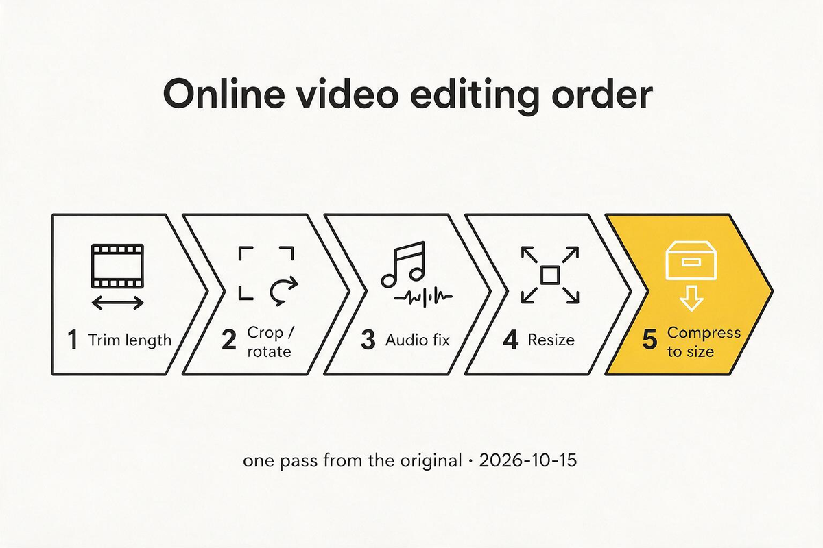 Order of operations: trim, then frame and orientation, then audio, then resize, then compress to a size
