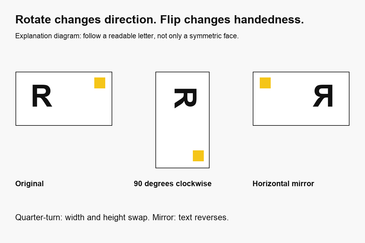 A readable letter and corner marker distinguish a clockwise quarter-turn from a horizontal mirror