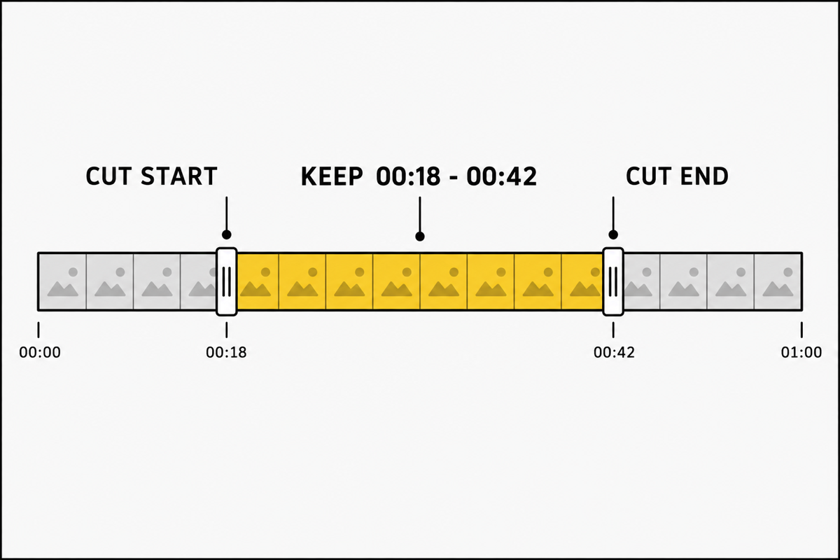 Trim timeline: cut start, keep 00:18–00:42, cut end on a one-minute source