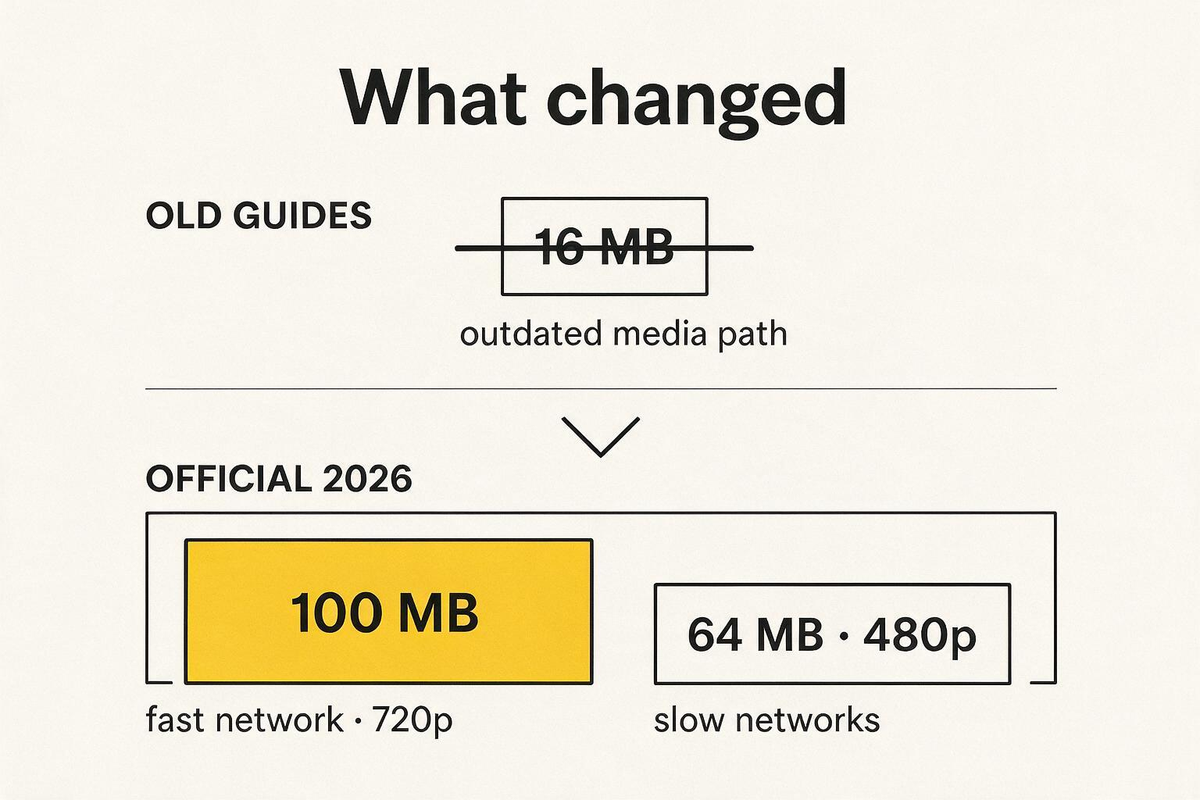 What changed: old 16 MB guides versus official 2026 limits of 100 MB and 64 MB