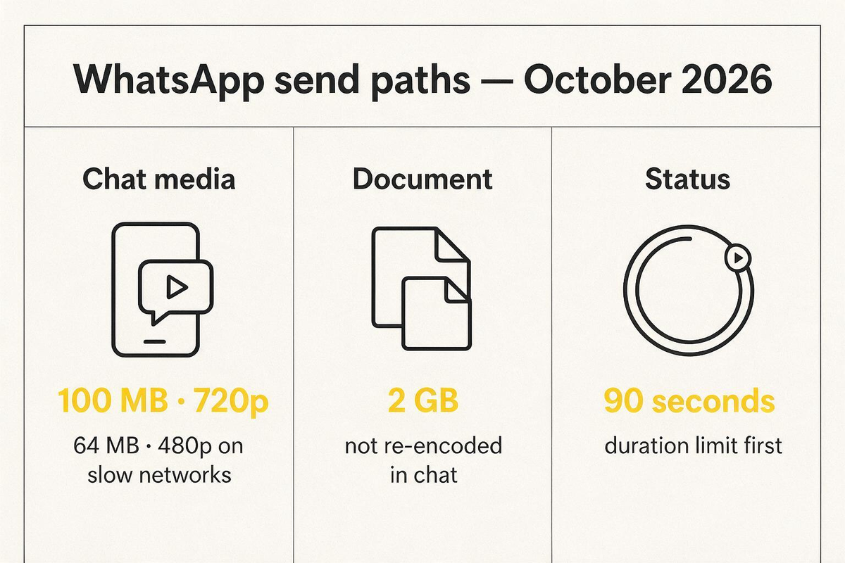 WhatsApp send paths: chat media 100 MB, documents 2 GB, Status 90 seconds